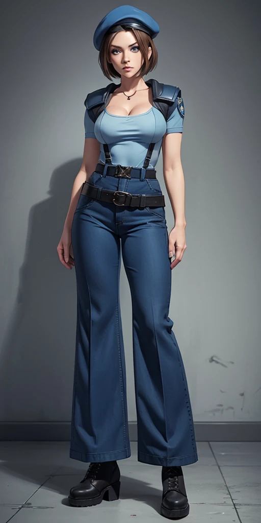 Jill Valentine, masterpiece, best quality, 1girl, solo, standing, jillre1, beret, uniform, shoulder pads, short sleeves, harness, belt, bell-bottom blue pants(Wide flares on pants:1.2), cleavage, black combat boots, full body, perfect blue eyes, perfect red mouth,
