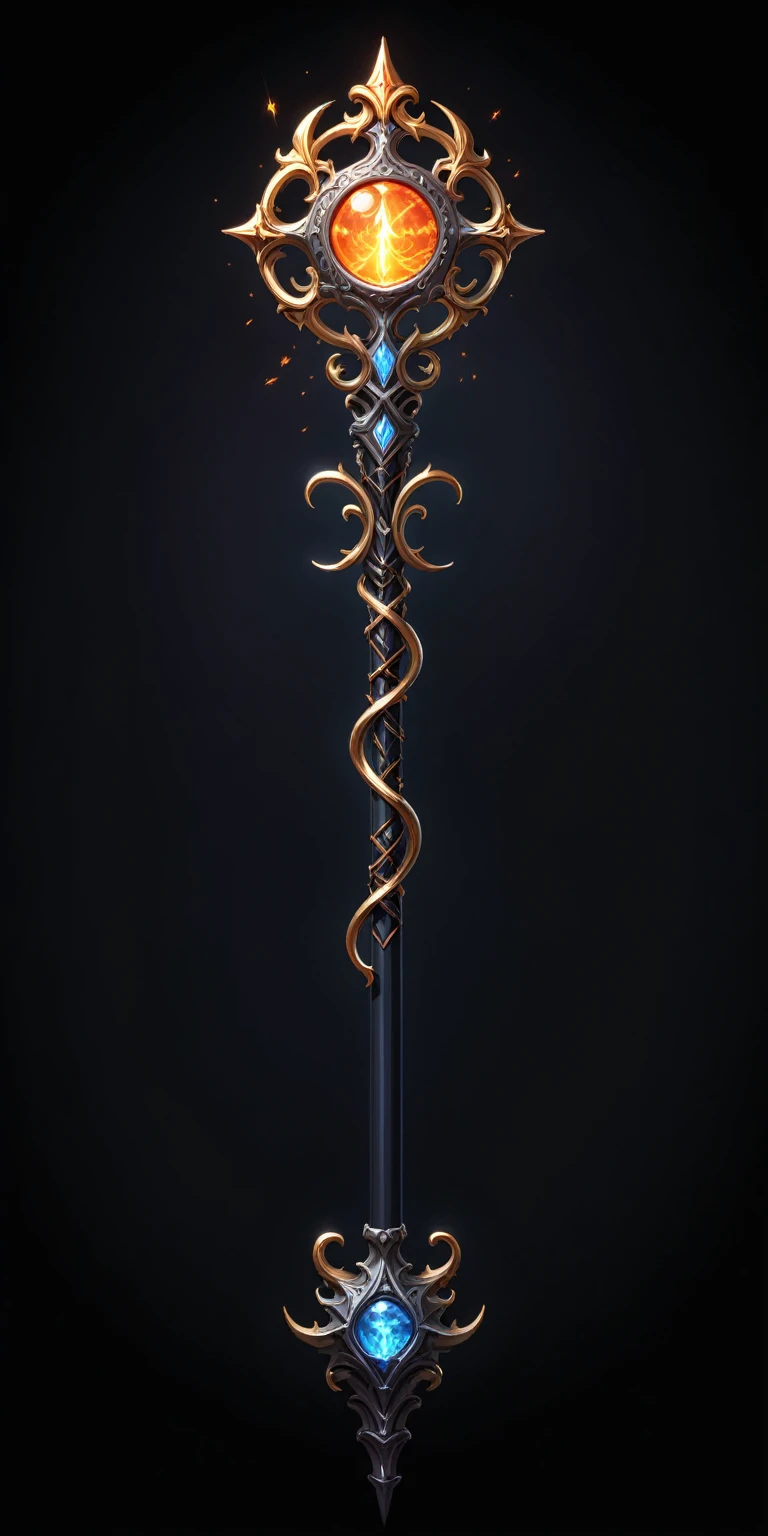 pixel art, cartoon illustration, Divine glavie greatstaff, Powerfull Magical theme, simple black background, RPG game icon