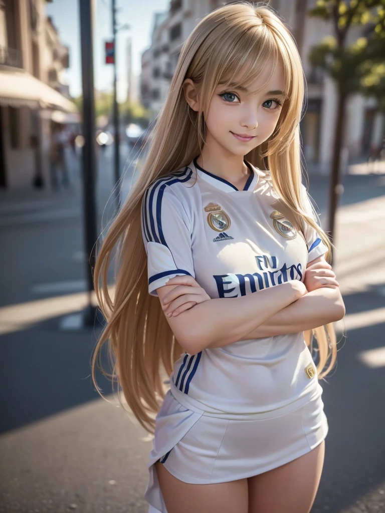(8k, RAW Photos, highest quality, masterpiece:1.2), (Realistic, photo-Realistic:1.4), (Highly detailed 8K wallpapers), ((Full Body Shot)), (1 girl), Sharp focus, Depth of written boundary, Cinematic lighting, Soft Light, 緻密な美しさのeye, eye_Chan, Very beautiful 17 year old girl, innocent big eyes, Realistic, photo Realistic, Highly detailed cute girl, (Thin thighs), (Model Body Type), (((real madrid soccer jersey))), ((Micro Mini Tight Skirt)), (((Fold your arms in front of your chest and act arrogantly))), ((A happy smile)), Parted lips, Watching the audience, (On the streets of Spain) , (Blonde),(Medium long bob hair), (Asymmetrical bangs)