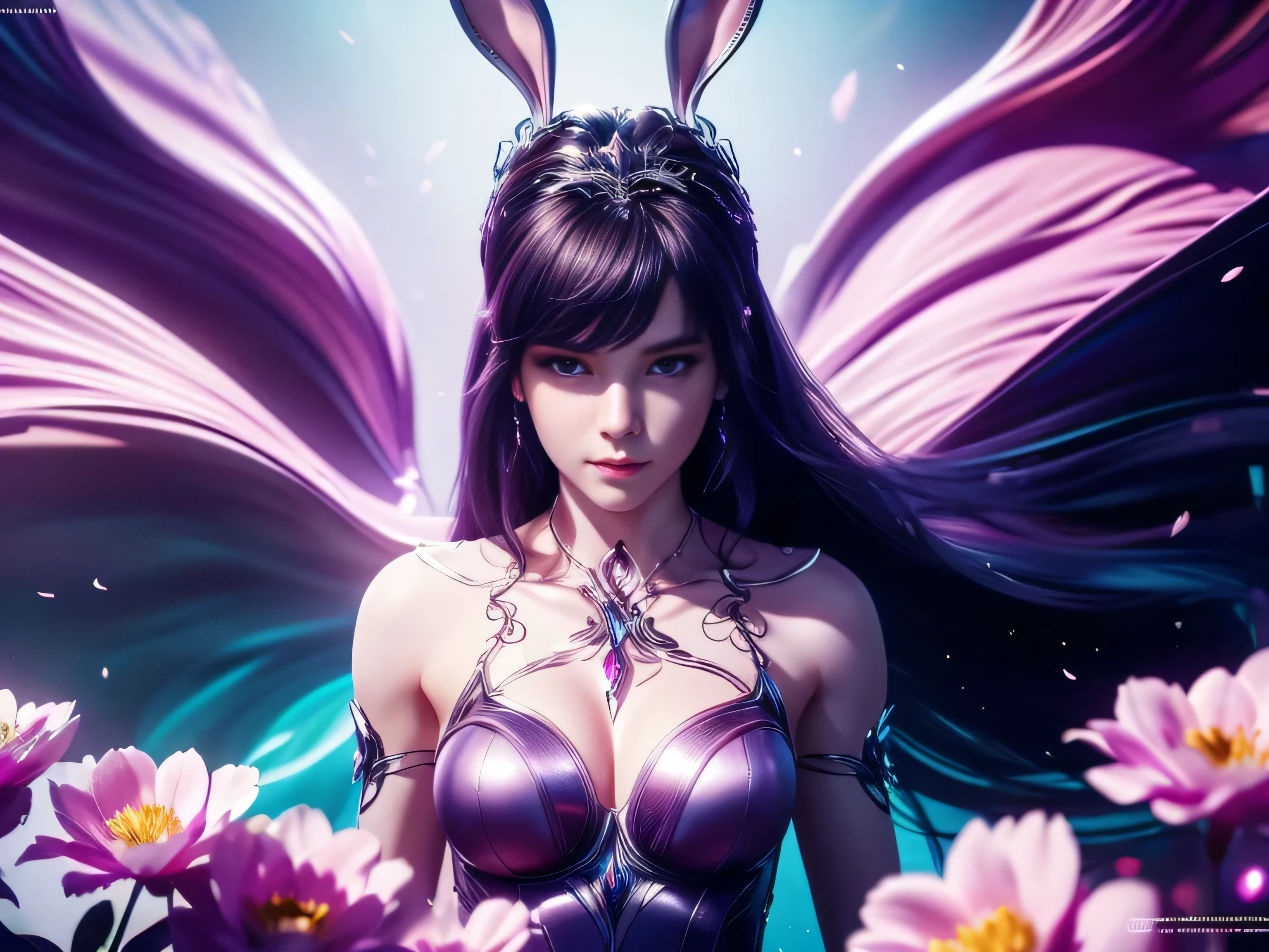 (Best Quality, 8K, Masterpiece, HDR, Soft Lighting, Picture Perfect, Realistic, Vivid), Bunny Girl (1.0), Bunny Girl with Pink Hair and Sexy Skimpy Clothes, pink bodysuit with glitter texture, Beautiful anime fantasy, Very beautiful and cute bunny girl, rain of pink flower petals, background blur, anime fantasy, work in Gouves style, realistic: 1.37, top view, lying in pink flowers, horizontal view, (Ultra High Quality Fantasy Art), Masterpiece, Female Model, Ultra High Quality Female Character Designs, Detailed 8k Anime Art, Realistic Anime Art, Highest Quality Wallpapers, Intricate Ultra High Quality Accurate Female Characters Faces, High Quality Designs and Accurate Physics (Fantasy- ultra-high quality art), dark fantasy style), masterpieces, super high quality characters, anime resolution - 8K, realistic anime art, wallpapers with the highest quality illustrations, ultra-high facial detail, high-quality design and accurate physics), color, depth of field, shadows, ray tracing, high quality workmanship. -high-quality and 8K resolution, (Accurate simulation of the interaction of light and materials)], [High-quality hair detail [More about beautiful and shiny white hair]], (Beautifully detailed hands [perfect fingers [Perfect nails]]]]]], (perfect anatomy (perfect proportions)))) [[Full-length]], [Perfect combination of colors (Accurate imitation of the interaction of light and material)], [art that conveys the meaning of history]