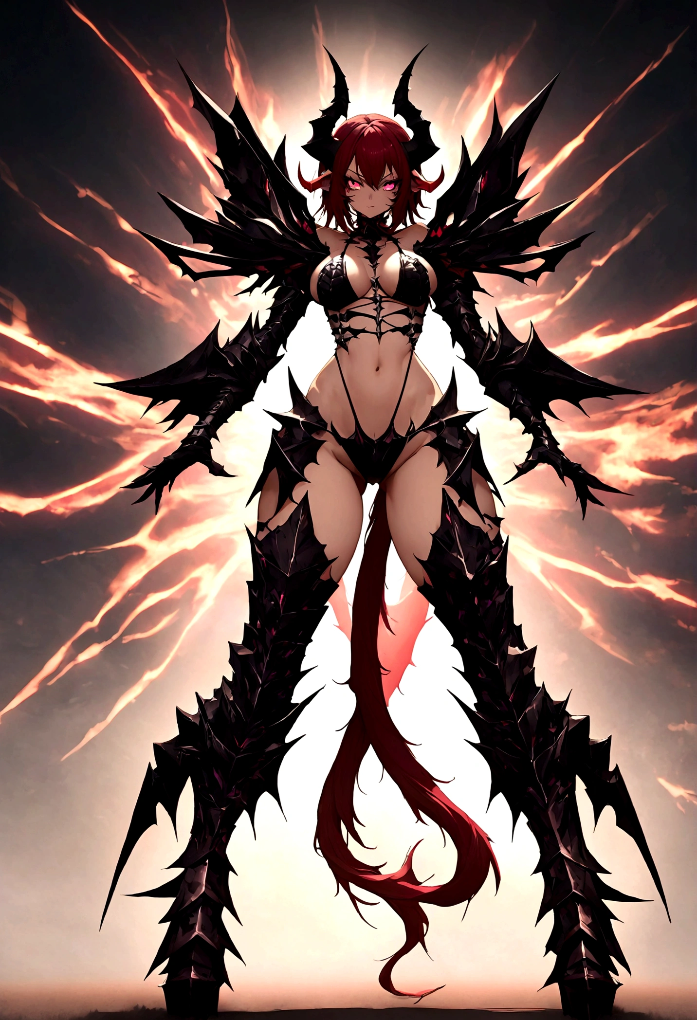 Create an image of a stunningly beautiful gorgeous perfect  evil sadistic demon girl, detailed perfect gorgeous face, detailed vibrant eyes, full body view, large demonic horns, long tail, heavy metal bikini armor, 