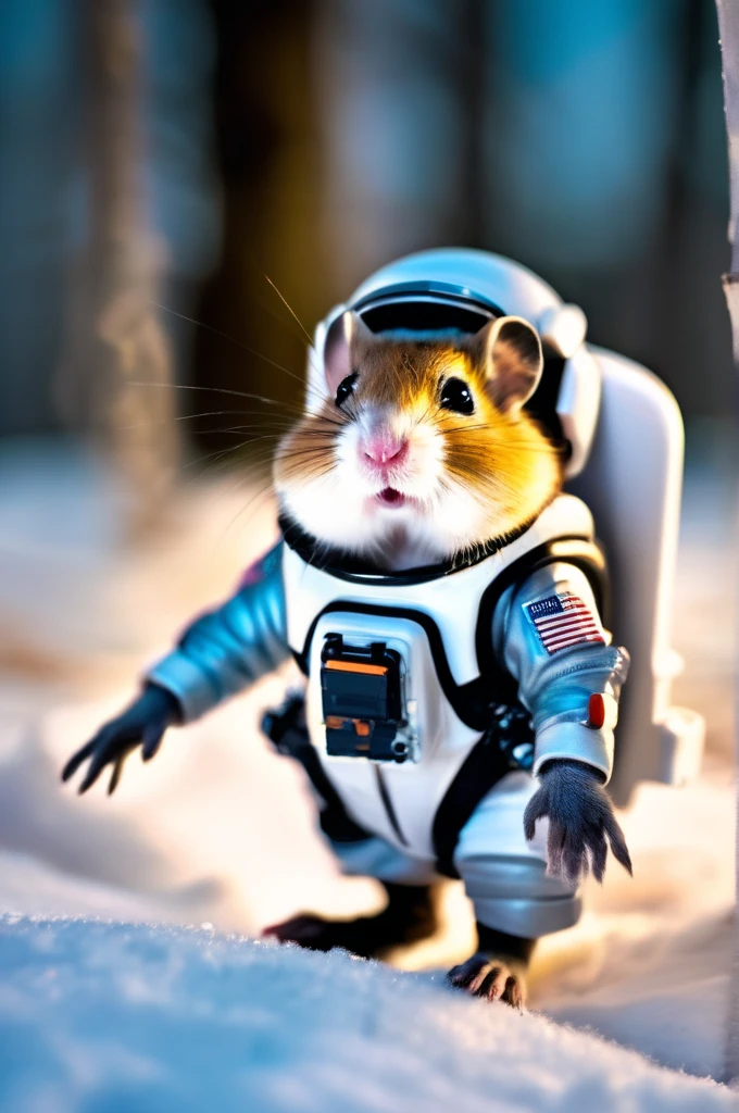 RAW Photos, delicate, highest quality,Hyper Detail, In detail, 8k, 32k, masterpiece,(Ultra-high resolution:1.2),Grey Djungarian hamster in a space suit、Take a helmet、The mission to the moon is ready, In the snowy forest、Cloudy Trees々and crunchy, cold,Hide in burrows and tree holes,Rim Light