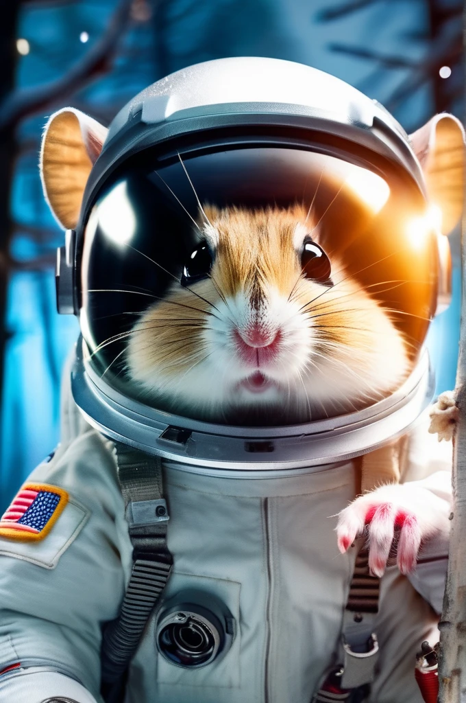 RAW Photos, delicate, highest quality,Hyper Detail, In detail, 8k, 32k, masterpiece,(Ultra-high resolution:1.2),Grey Djungarian hamster in a space suit、Take a helmet、The mission to the moon is ready, In the snowy forest、Cloudy Trees々and crunchy, cold,Hide in burrows and tree holes,Rim Light