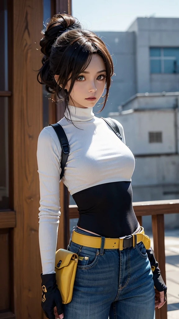 The image is an illustration of a character that appears to be from a video game or anime.
El personaje tiene el pelo rubio corto con flequillo recto y dos decoraciones en forma de lazo. Lleva una chaqueta corta con acentos amarillos y negros, que deja al descubierto el vientre, y un par de pantalones cortos de talle alto. Also seen is a utility belt with pockets around the waist and a pair of fingerless gloves..
The character's outfit has a futuristic or cyberpunk aesthetic, with what appear to be mechanical parts or accessories on the gloves. La paleta de colores es principalmente amarilla, negra y blanca, con toques de rojo. The character also wears thigh-high stockings and white shoes with yellow straps that match the jacket..
The background is plain white with a blurry yellow shape that provides no context or setting. The overall style of the illustration is detailed with an emphasis on bold colors and a glossy finish to the surfaces., lo que sugiere un mundo estilizado, possibly high tech, en el que habita el personaje.