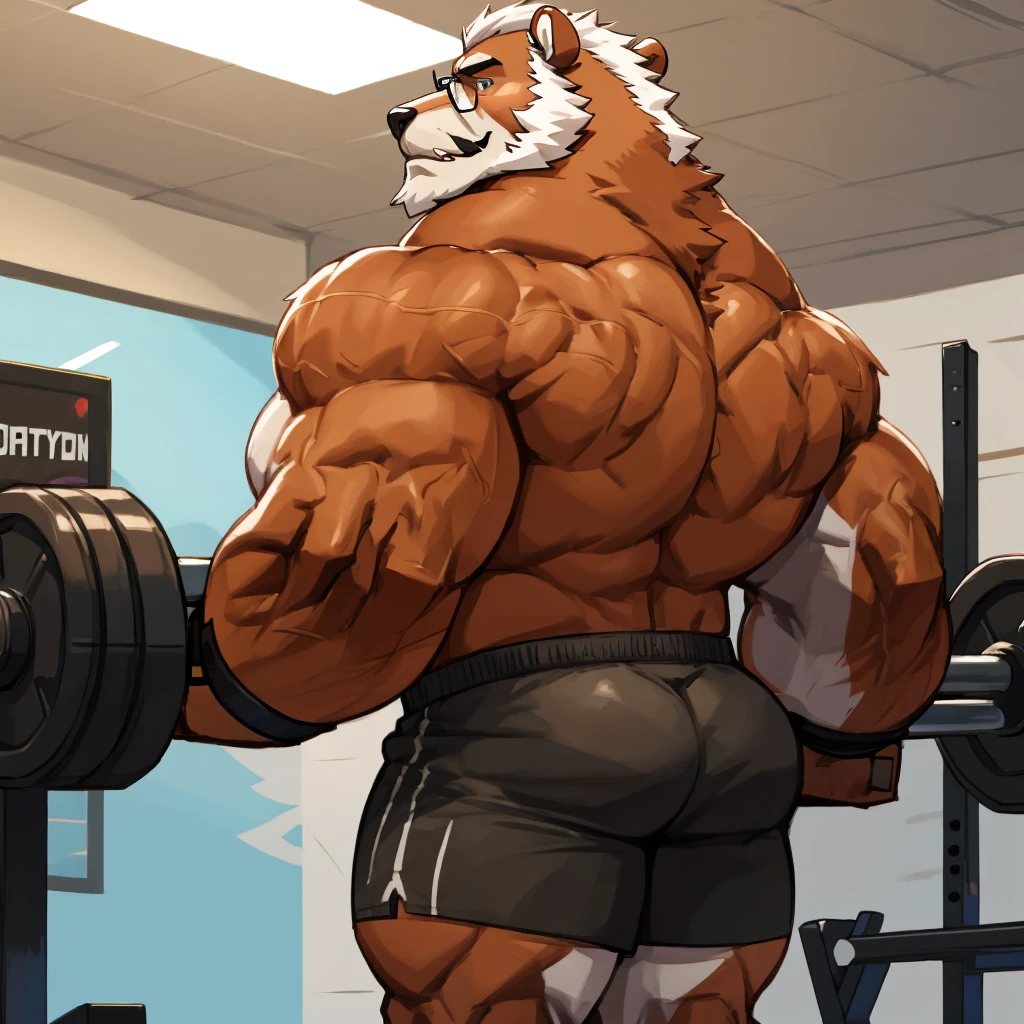 solo, 1boy, Huge Muscular Old Grizzly Bear wearing glasses , pectoral, huge pectoral, wide pectoral, short white hair, short pants black wristbands and shirtless topless, bearded, Mustache, gym background, backside,
masterpiece, high detailed, 8k, high resolution, at the gym working out his back on the lat pulldown cable machine weighing over 100lbs and 45kgs of weights pushing up the limits