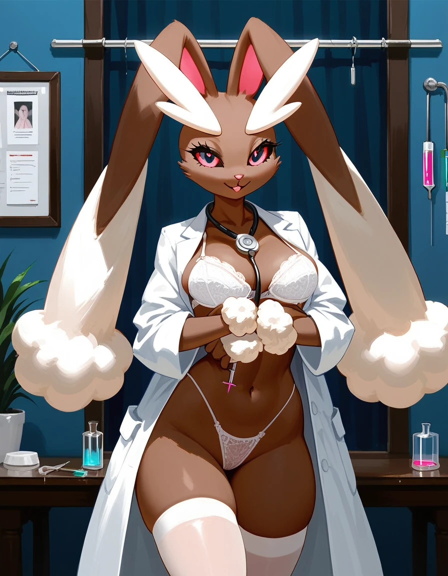 score_9,score_8_up,score_7_up, an Anthro furry female lopunny pokemon, black sclera, tall hourglass figure body, wearing long white doctors coat, doctors head mirror on forehead, white bra, white thong, white thigh highs, a stethoscope draped around her neck, hugging a giant syringe needle,