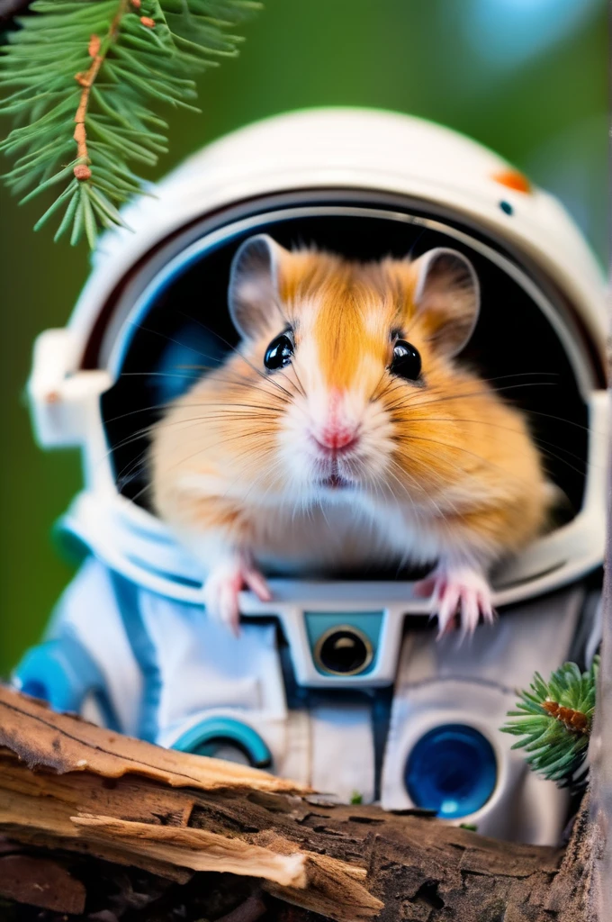 RAW Photos, delicate, highest quality,Hyper Detail, In detail, 8k, 32k, masterpiece,(Ultra-high resolution:1.2),Grey Djungarian hamster in a space suit、Take a helmet、The mission to the moon is ready, In the snowy forest、Cloudy Trees々and crunchy, cold,Hide in burrows and tree holes,Rim Light