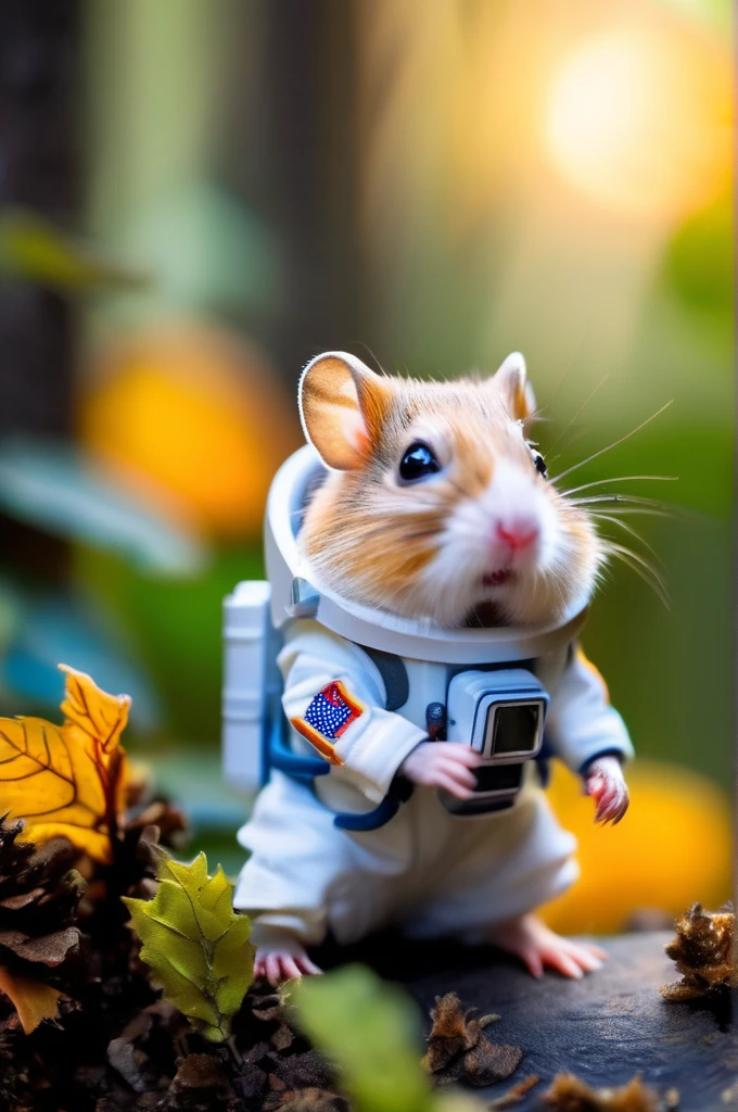 RAW Photos, delicate, highest quality,Hyper Detail, In detail,  8k, 32k, masterpiece,(Ultra-high resolution:1.2),Grey Djungarian hamster in a space suit、Take a helmet、The mission to the moon is ready, In the snowy forest、Cloudy Trees々and crunchy, cold,Hide in burrows and tree holes,Rim Light