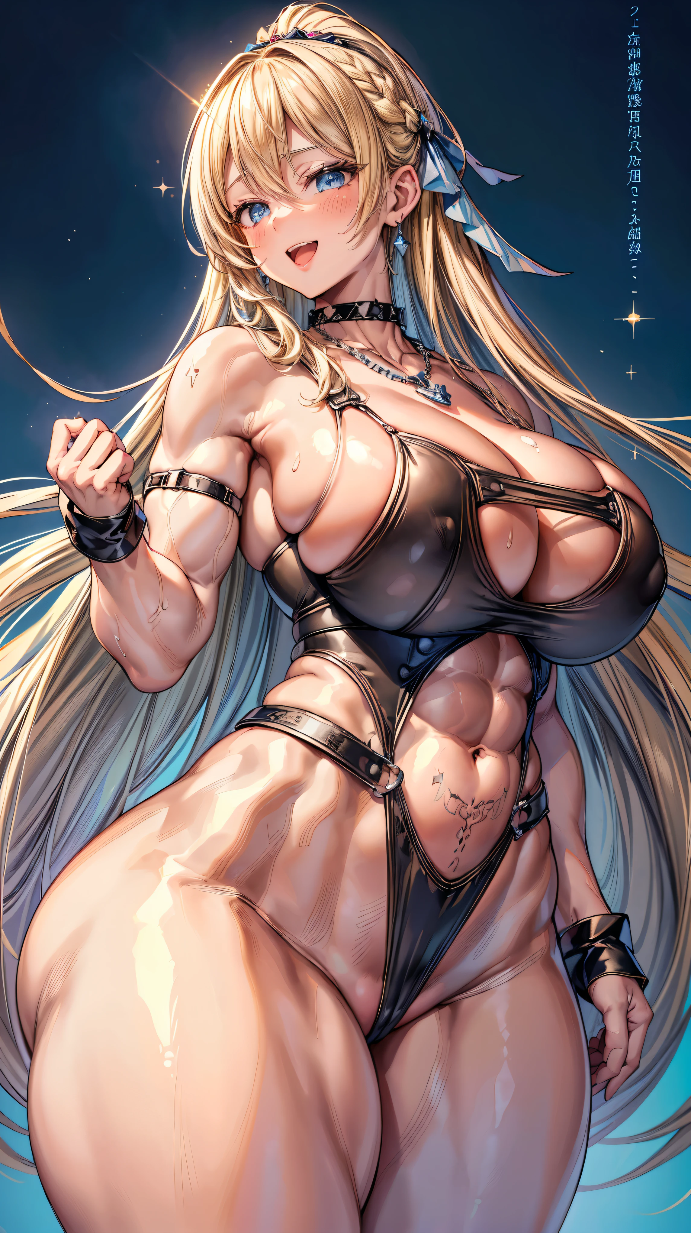 Very detailed、highest quality、Best image quality、masterpiece、8k、Sparkling blue eyes、Anime Face、A kind smile、(Open your mouth)、(Blonde long hair)、(SFW Giant:1.5)、(Big Tits:1.3)、Cowboy Shot、(Thong)、(highleg)、(Muscles of the whole body)、(necklace)、(Thick thighs)、(edgLL),(wearing edgLL leather lingerie)、(Harness)、(Rear view)