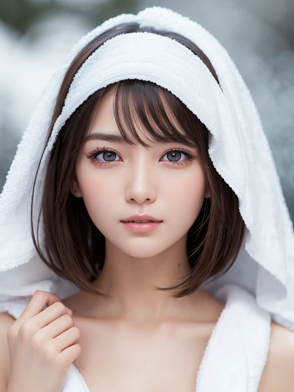 one girl, (a beauty girl, delicate girl:1.3), (24-years-old:1.3),
break, (Wrap a towel around your head:1.3),Raise your arms high、
break, Very fine grain definition, (Symmetrical eyes:1.3),
break, (Hot spring with snowy scenery:1.3),smile:1.1、High angle、
break, Small breasts, Brown eyes, Parted bangs, Brown Hair,  girl,Bobcut、
break, (Eye and facial details:1.0),
break, (masterpiece, highest quality, Super detailed, Detailed face, 8k)