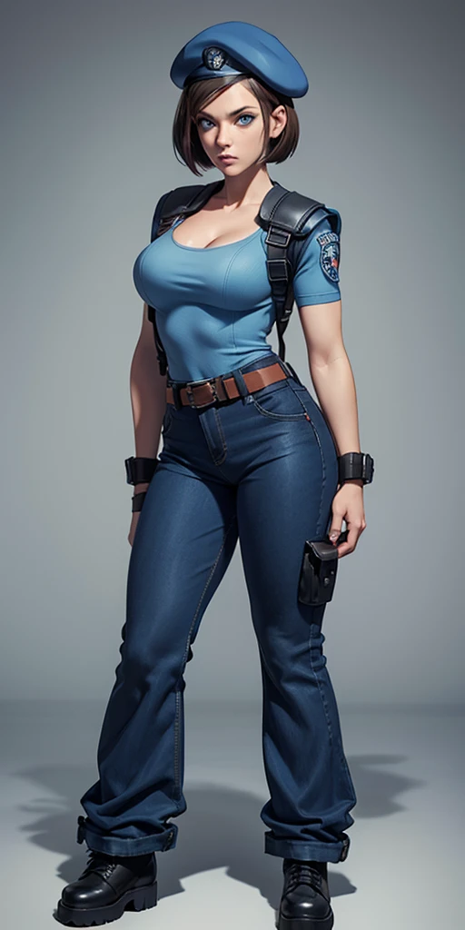 Jill Valentine, masterpiece, best quality, 1girl, solo, standing, jillre1, beret, uniform, shoulder pads, short sleeves, harness, belt, bell-bottom blue pants(Wide flares on pants:1.2), cleavage, black combat boots, full body, perfect blue eyes, perfect red mouth,