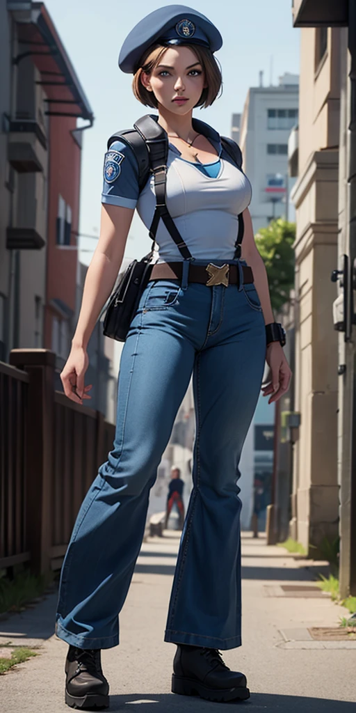 Jill Valentine, masterpiece, best quality, 1girl, solo, standing, jillre1, beret, uniform, shoulder pads, short sleeves, harness, belt, bell-bottom blue pants(Wide flares on pants:1.2), cleavage, black combat boots, full body, perfect blue eyes, perfect red mouth,
