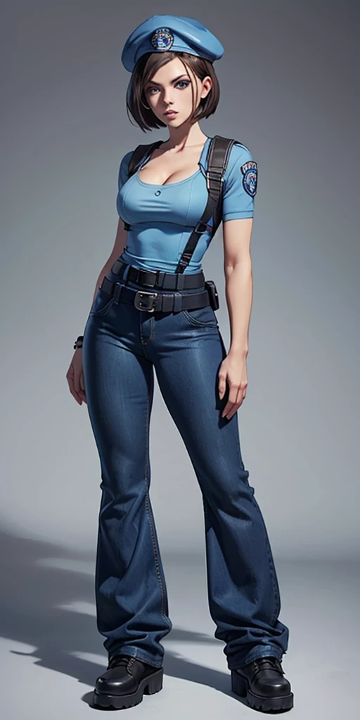 Jill Valentine, masterpiece, best quality, 1girl, solo, standing, jillre1, beret, uniform, shoulder pads, short sleeves, harness, belt, bell-bottom blue pants(Wide flares on pants:1.2), cleavage, black combat boots, full body, perfect blue eyes, perfect red mouth,
