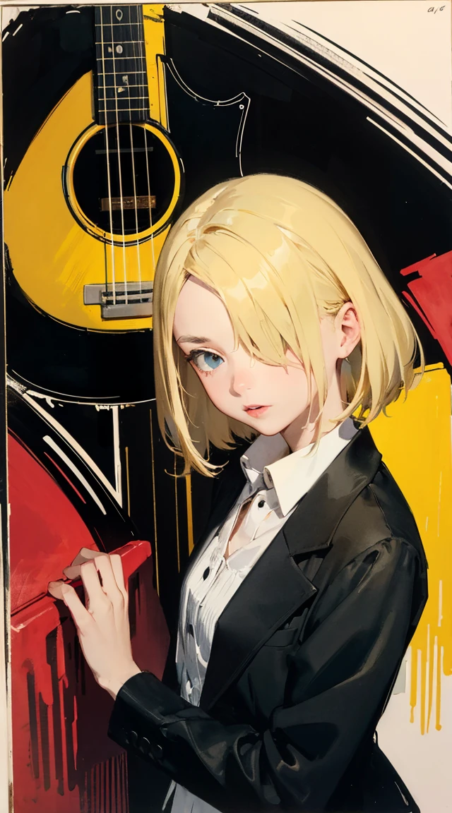 (superflat, flat shading, flat colors), (closeup), 3girls, , rock band, (white panties), no skirt, , play electric guitars, in a garage, sing, having fun, bright, wide angle, vibrant colors, watercolor, ghibli style  Portrait of a European girl,Single,20 years,Beautiful Face,Object of Obser,hair over one eye,Medium side cut, Blonde hair, Intense focus,Black business suit