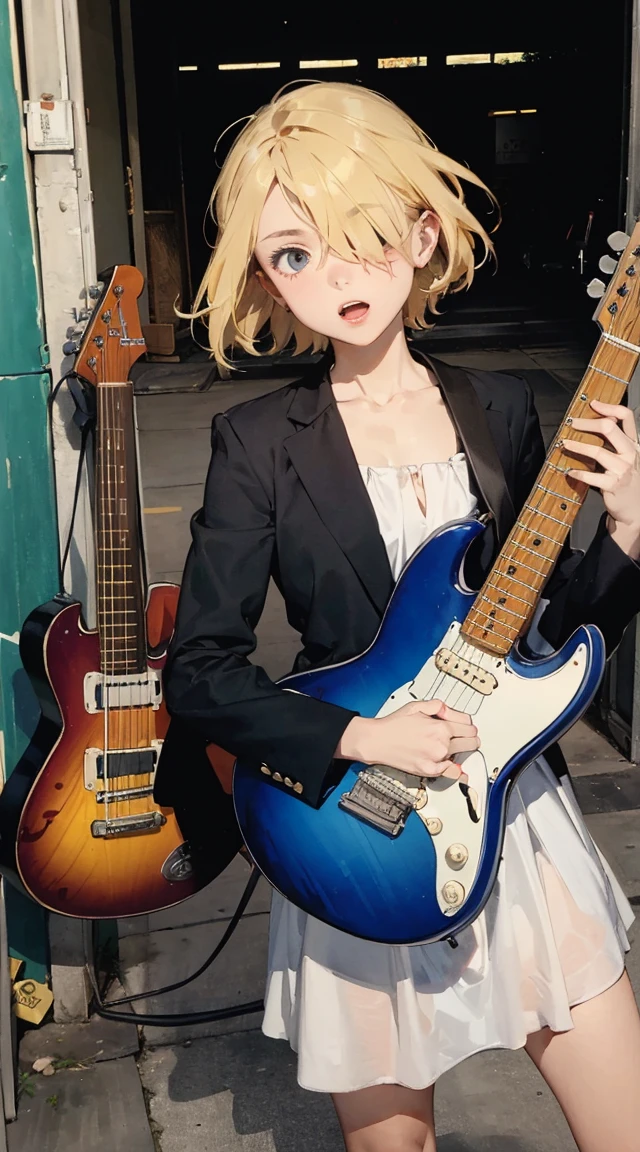 (superflat, flat shading, flat colors), (closeup), 3girls, , teenck band, (white panties), no skirt, , play electric guitars, in a garage, sing, having fun, bright, wide angle, vibrant colors, watercolor, ghibli style Portrait of a European girl,Single,20 years,Beautiful Face,Object of Obser,hair over one eye,Medium side cut, Blonde hair, Intense focus,Black business suit