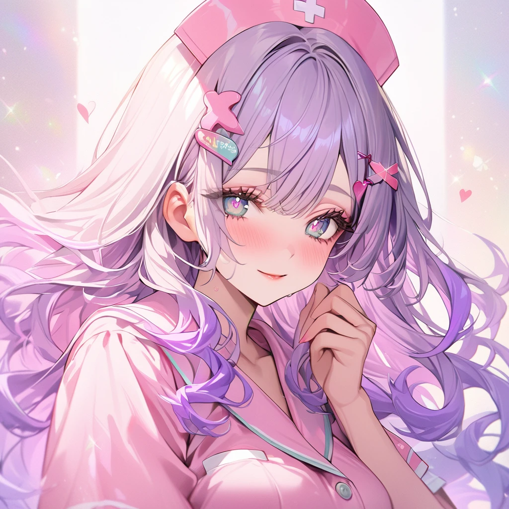 beautiful a girl wearing a pink nurse uniform and a pink nurse cap,, (highest quality,masterpiece,16K or 8K,Super detailed,gradient glitter ),(Upper body、front), background Colorful heart, beautiful, masterpiece, highest quality、gradient hair, light blue-purple hair, floating hair, wavy hair,fluffy hair、 Hair in the wind, pastel wreath on head,Hairpins, heart-shaped hairpins with a red cross inside, green and black colored eyes, long eyelashes, beautiful eyes, light smile, bright pupils, digital illustration, highest quality,High resolution, romantic academia, romantic atmosphere, fantasy, white background,