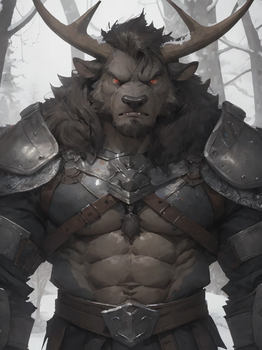 Minotaur, solo, muscular, perfect_eyes, perfect_face, abs, big_chest,wide_body, muscular_arms, winter, snowforest_background, solo, minotaur, angry, half_body, close_up, manly, man, muscular, brown_horns, big_eyes, orange_eyes, glowing_eyes, bara_body,hyper_muscles, hyper_chest, hyper_muscular_body, huge,forest, snow,snowy_forest, armor_pants, half_body,closeup, medieval_armor ,iron armor,armor,canines, moth_closed, angry,serious, HD, 4k, high_detailed_background
