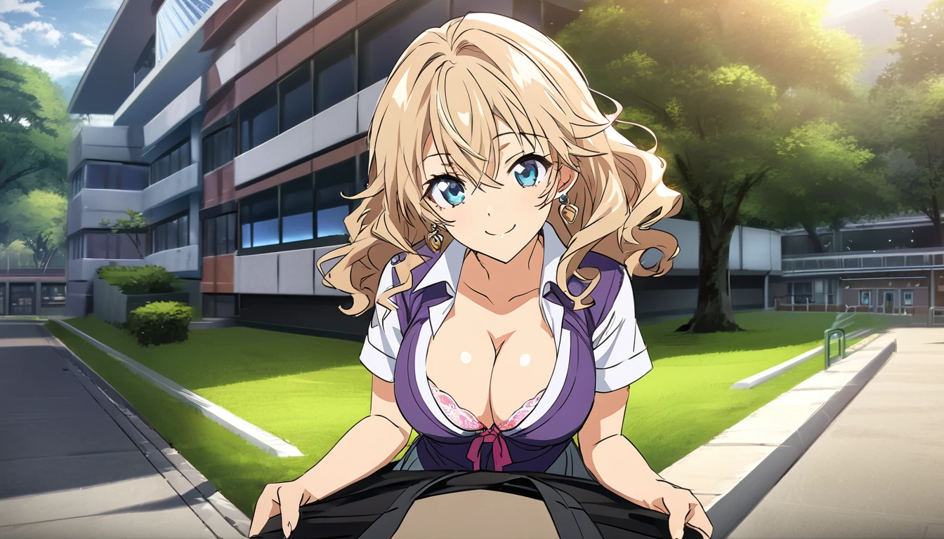 (best quality:1.5, highres, UHD, 4K, detailed lighting, shaders), Rsndom color and wavy hair, gyaru, large breasts, short sleeve , cleavage, unbuttoned shirt, bra, sexy, skirt, (pov, close shot), earrings, smiling, standing, classroom background (masterpiece, best quality, hi res:1.2), 1girl, (solo:1.2), pklacey, detailed skin, street, park, trees, grass, backlessclothes, backless dress, purple dress, close-up portrait of an anime heroine full of confidence and mischief of the background of character selection of a group of anime girls with eyes of different colors, kantai collection style, full body, kantai collection gallery, arte oficialwork, carril, arte oficial, chicas de primera linea style, clear and sharp rpg portrait, character selection portrait, Also, 8K!!, Ilustraciones oficiales del anime., chicas de primera linea cg, finos detalles. chicas de primera linea, chicas de primera linea universe