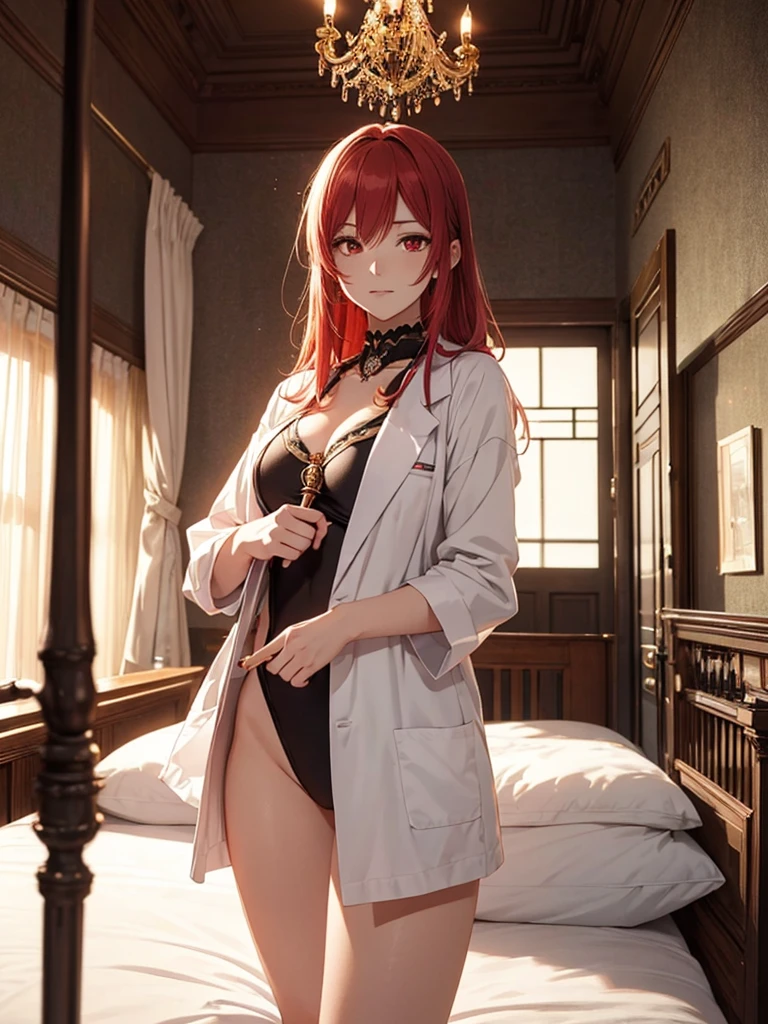 beautiful young woman, anime style, detailed face, red hair, red eyes, delicate features, soft lighting, wearing a swimsuit, lying on a bed, fantasy hospital room background, ornate decorations, magical elements, relaxed expression, dynamic pose, female doctor, wearing an elegant white coat, standing beside the bed, holding a magical staff, professional expression, fantasy setting, Japanese anime style, high quality, highly detailed, 8k resolution, cinematic lighting, best quality, vibrant colors, Instagrammable, aesthetic, trendy