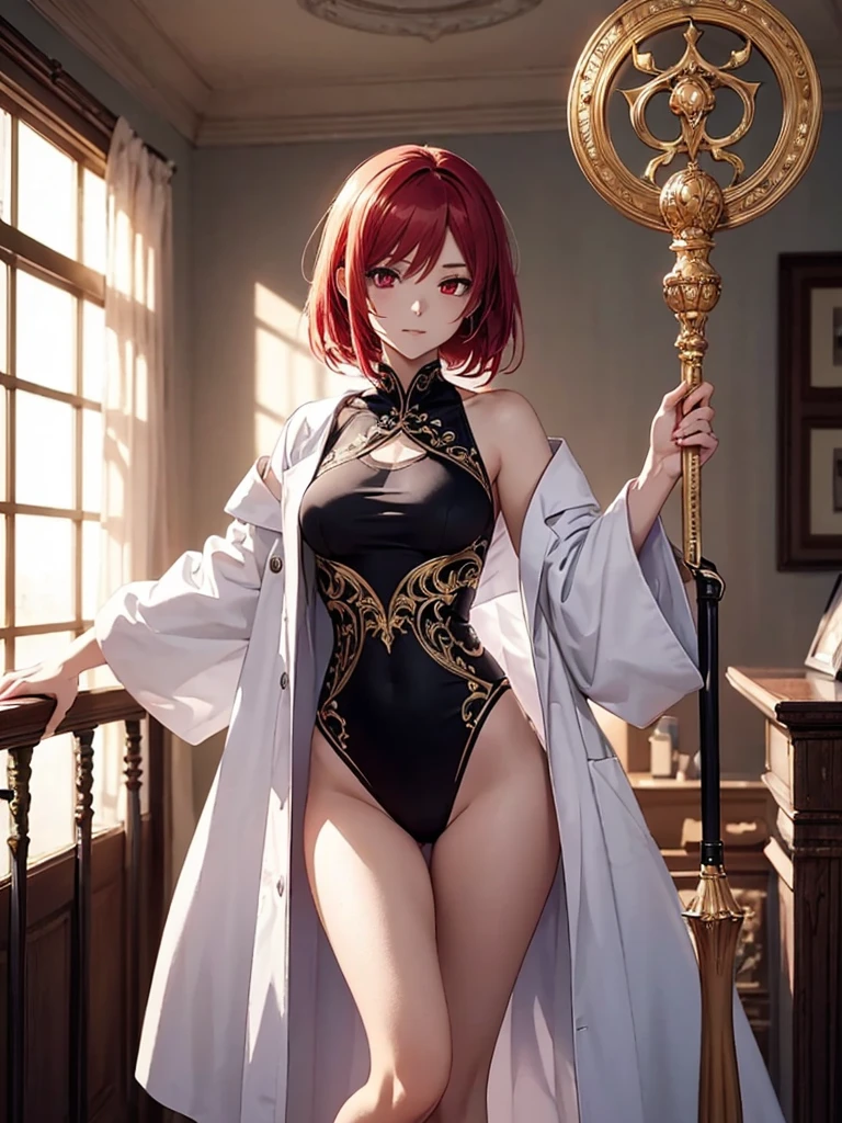 (masterpiece, best_quality, ultra-detailed, immaculate:1.3), epic, illustration, welcoming, 1girl, villain, neon red-orange hair, bombshell bob cut,Flipped Out Hair, (full body:0), [:outlandish costume design:0.2], in a natural, calm haunted house<lora:EnvyBeautyMix06:1>