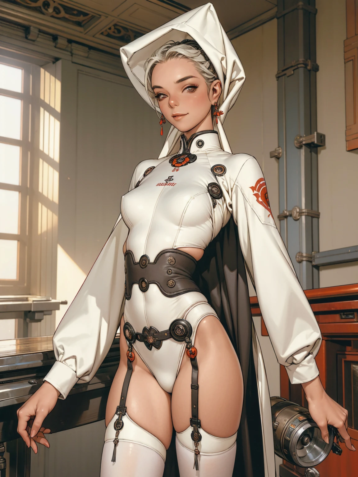 (((devilish smile))), (((Ivory suit))), (((soviet suit))), (((short Ivory haircut))), (((melhor qualidade: 1.4))), (((arm metal))), (((DuneWalker))), (((Annie Lennox))), (((post-apocalypse))), (Unbeatable masterpiece), (hiper HD),(CG 8k hiper-realista), 1Girl with a gun in a futuristic world wearing modern Soviet clothes. Corte de cabelo ultra curto e moderno, perfect body with robotic parts, seios grandes, bunda perfeita, muscles without exaggeration, rosto lindo com olhos azuis penetrantes, add textures to clothes and create something different from the usual, add accessories like garter belt, espartilho e luvas com listras, pele bronzeada e com brilho de molhado, industrial environment with giant heavy machines, Intricate machinery and giant robot parts