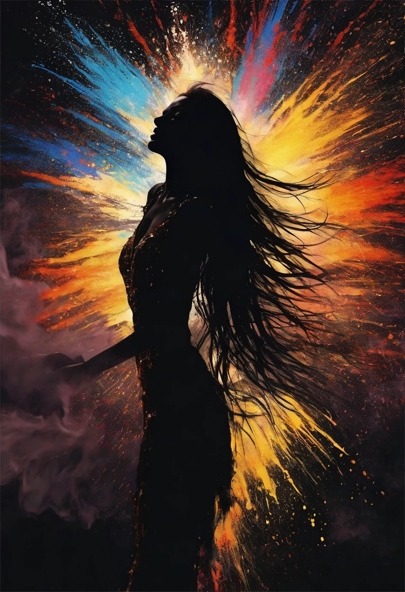 **Digital painting of the full-length silhouette of a beautiful, beautiful and unique Brazilian model, perfect face, dark brown eyes and long cascading hair. Around her there is an eruption of clear and bright particles of joy, fury and tears that spread into the void in all directions. Very intense and nuanced black background, very intense and dark that contrasts and accentuates the beautiful silhouette of the beautiful model. Color background that contrasts significantly with the image and highlights the joy of living. mysticism+coherent and ultrarealistic**