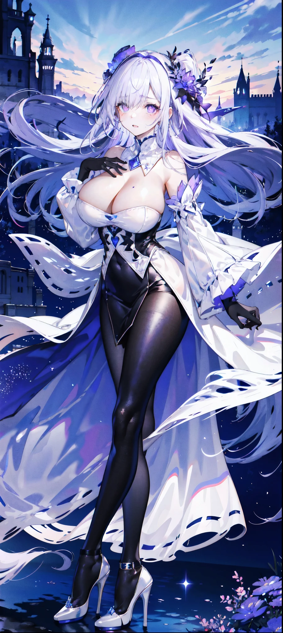 ((masterpiece:1.4,best quality)),(Super detailed),(Extremely detailed eyes),(black leggings,Shiny socks:1.5),Hello Darkness
(Cute girls),,(Blood-red pupils,Diamond-shaped pupil:1.15),Purple Eyeshadow,(elongated hair,Thick hair,Single ponytail,shiny hair:1.5)(Changes through:1.2),despair,sad,Empty eyes,tears streaming down my face,tilting its head to the side,
(She wore a blue dress,:1.5),(Black gloves:1.4)Very long plush sleeves,White,White Cloud,Dream bubbles ,Ice and glitter effects
(Black long skirt:1.1),
((Starry Sky:1.2)),
(Intense black and white:1.16),(Depth of Field:1.4),,Intricate details,(((Detailed background,Castle in the Sky,Purple flowers by the lake))),(((Huge breasts,Bare breasts,Deep cleavage,White stiletto high heels)))