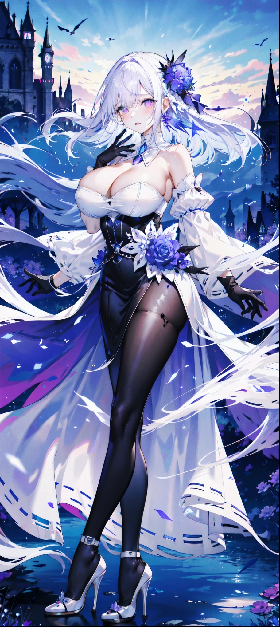((masterpiece:1.4,best quality)),(Super detailed),(Extremely detailed eyes),(black leggings,Shiny socks:1.5),Hello Darkness
(Cute girls),,(Blood-red pupils,Diamond-shaped pupil:1.15),Purple Eyeshadow,(elongated hair,Thick hair,Single ponytail,shiny hair:1.5)(Changes through:1.2),despair,sad,Empty eyes,tears streaming down my face,tilting its head to the side,
(She wore a blue dress,:1.5),(Black gloves:1.4)Very long plush sleeves,White,White Cloud,Dream bubbles ,Ice and glitter effects
(Black long skirt:1.1),
((Starry Sky:1.2)),
(Intense black and white:1.16),(Depth of Field:1.4),,Intricate details,(((Detailed background,Castle in the Sky,Purple flowers by the lake))),(((Huge breasts,Bare breasts,Deep cleavage,White stiletto high heels)))