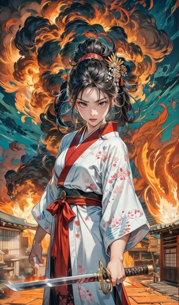 Downtown is on fire、Streets of the Warring States Period、night、Big Fire、30-year-old woman、A shining white silk-like kimono、The kimono has a red floral pattern、Burning house、An angry look in his eyes、Beautiful 30 year old woman、Female Fighter、The Japanese sword he holds in his left hand shines red in the firelight.、Glaring at me、Adult beauty、Eyes are bloodshot