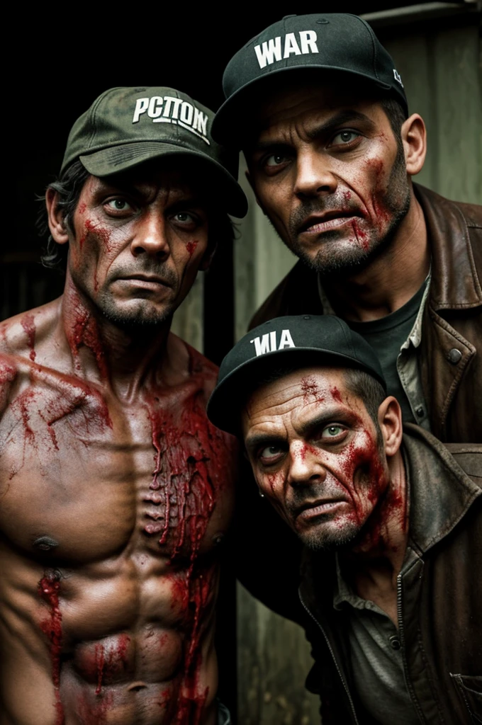 Make me a man taking a photo next to a zombie, the two of them face to face, the man has a cap and the zombie skinned you.