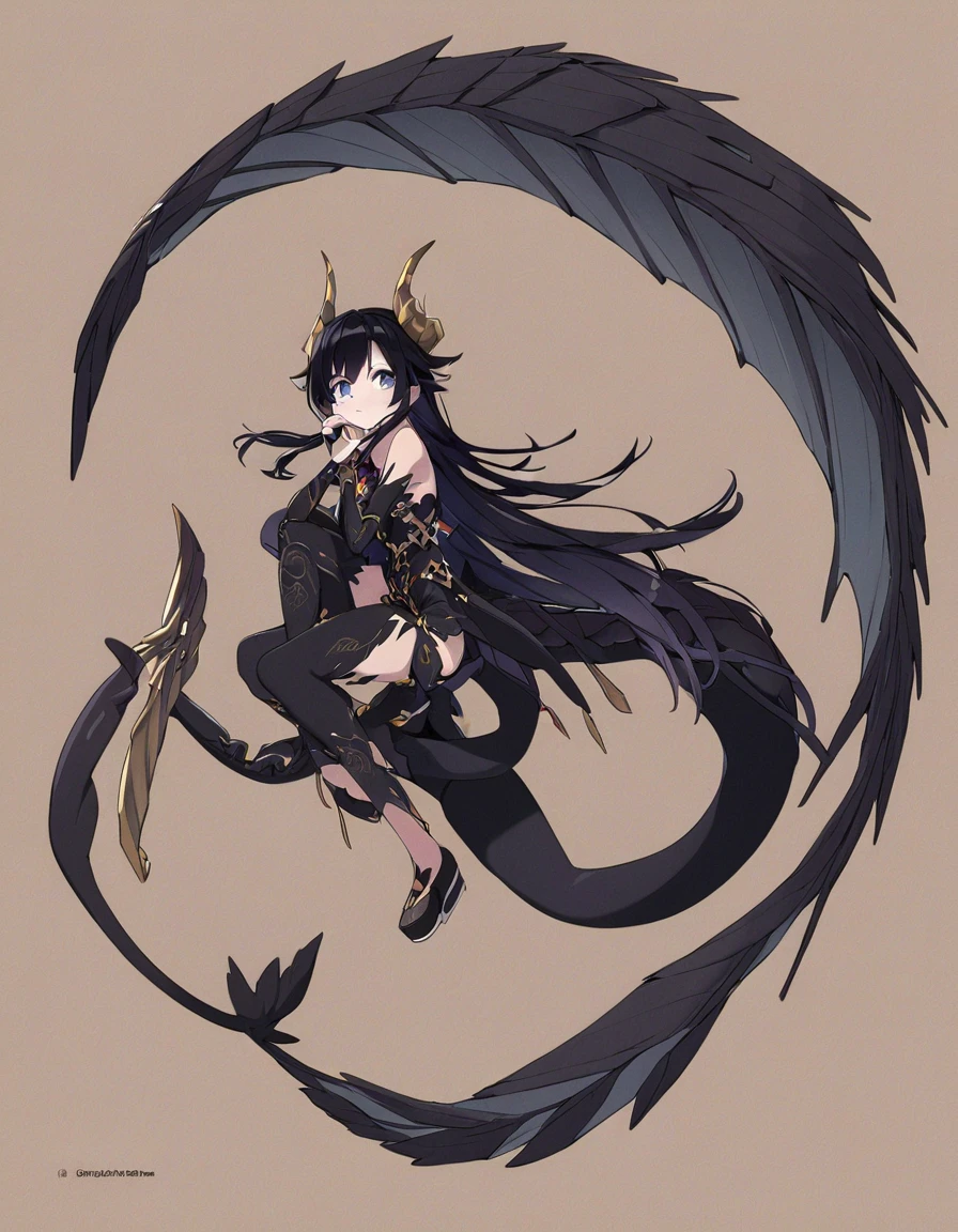 Dragon girl with crystal golden horn Black Hair Full body black Dragon's tail Aerial