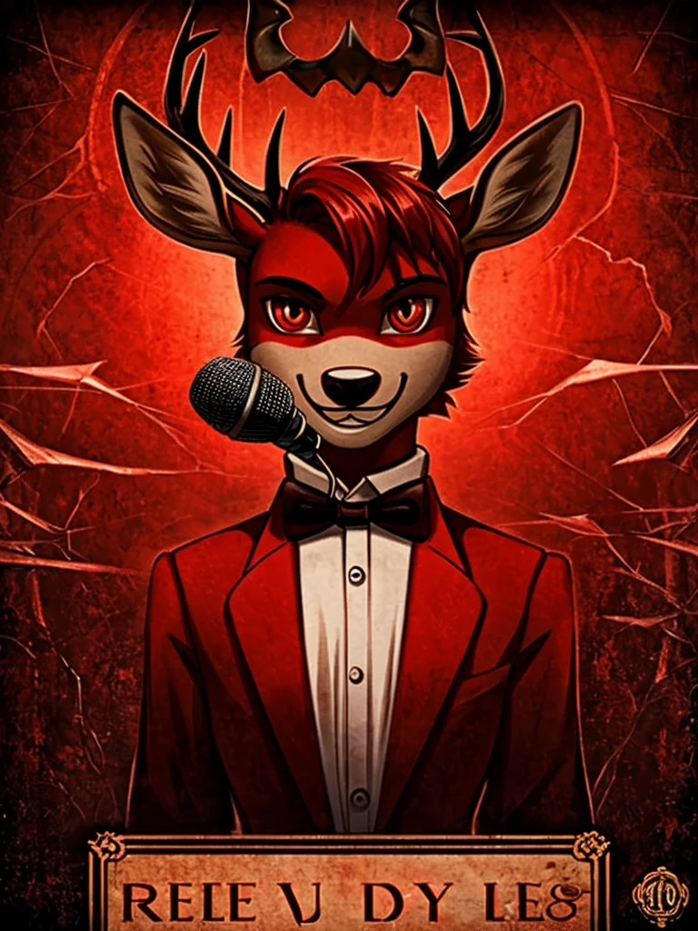  (best quality, masterpiece:1), solo, furry male, androgynous, anthro, read eyes, short hair, red hair, bob haircut, portrait, looking at viewer, deer,  creepy, scary, powerful, spooky, deer, male, face focus, thin body, thin waist, large shoulders, red suit, bow tie, red color scheme, hell, demon, radios, 1930's, 1930's style, 1930's style outfit, holding a red old microphone, (smile), (large smile), full body,