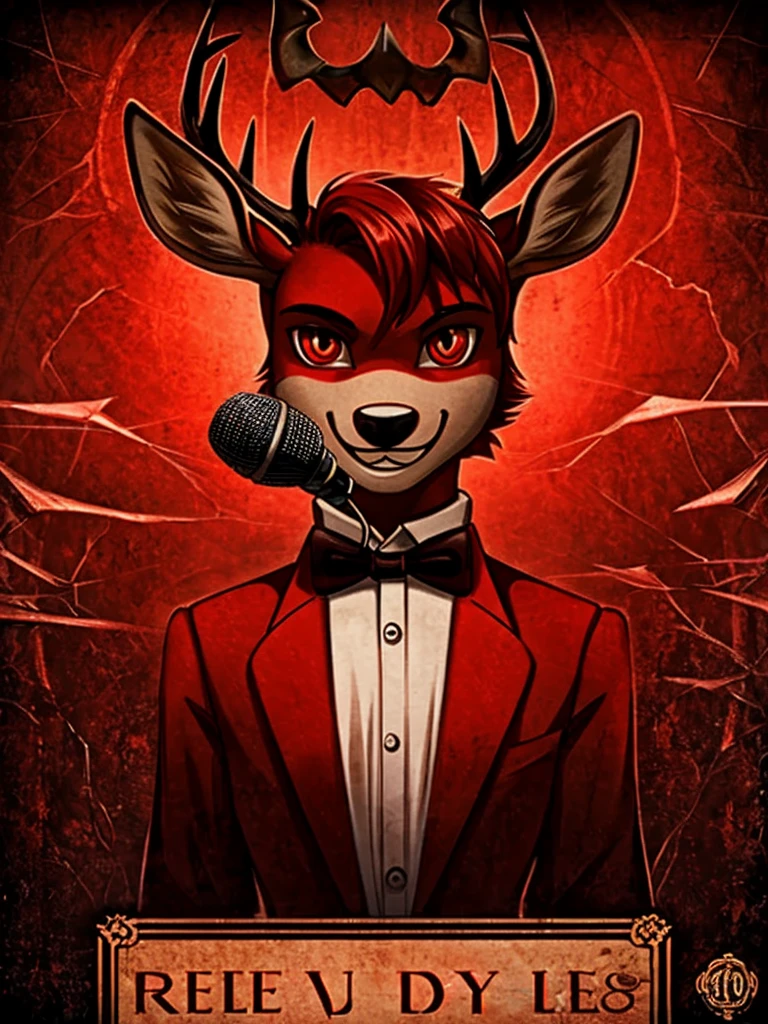 (best quality, masterpiece:1), solo, furry male, androgynous, anthro, read eyes, short hair, red hair, bob haircut, portrait, looking at viewer, deer, creepy, scary, powerful, spooky, deer, male, face focus, thin body, thin waist, large shoulders, red suit, bow tie, red color scheme, hell, demon, radios, 1930's, 1930's style, 1930's style outfit, holding a red old microphone, (smile), (large smile), full body,