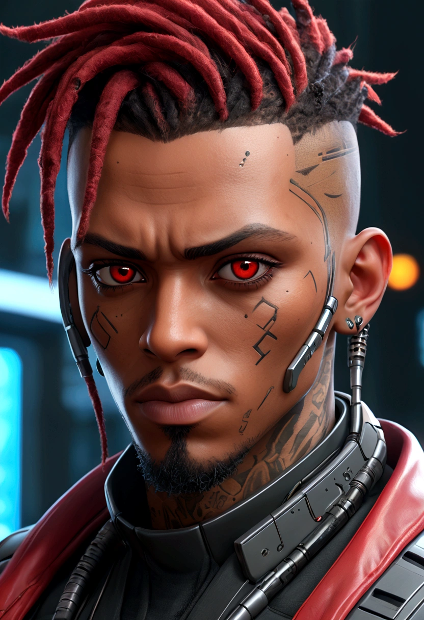 (Best quality, masterpiece, anime style, full of details), 1male, official anime art illustration, African American Male with dark brown eyes, a cartoon of a man with a mask on his face, ((red)) baggy eyes,  black and red dreadlocks, semi-realistic cyberpunk style, portrait of a cyberpunk man, cyberpunk art ultrarealistic 8k, cyberpunk style ， hyperrealistic, cyberpunk character, trendin on artstation, cinematic full character, trending on artstation 4k, portrait of a cyberpunk cyborg, cinematic realistic portrait, cyberpunk hero perfectly photorealistic, incredibly detailed, 8k, UHD, masterpiece, best quality, ultra detailed, intricate,