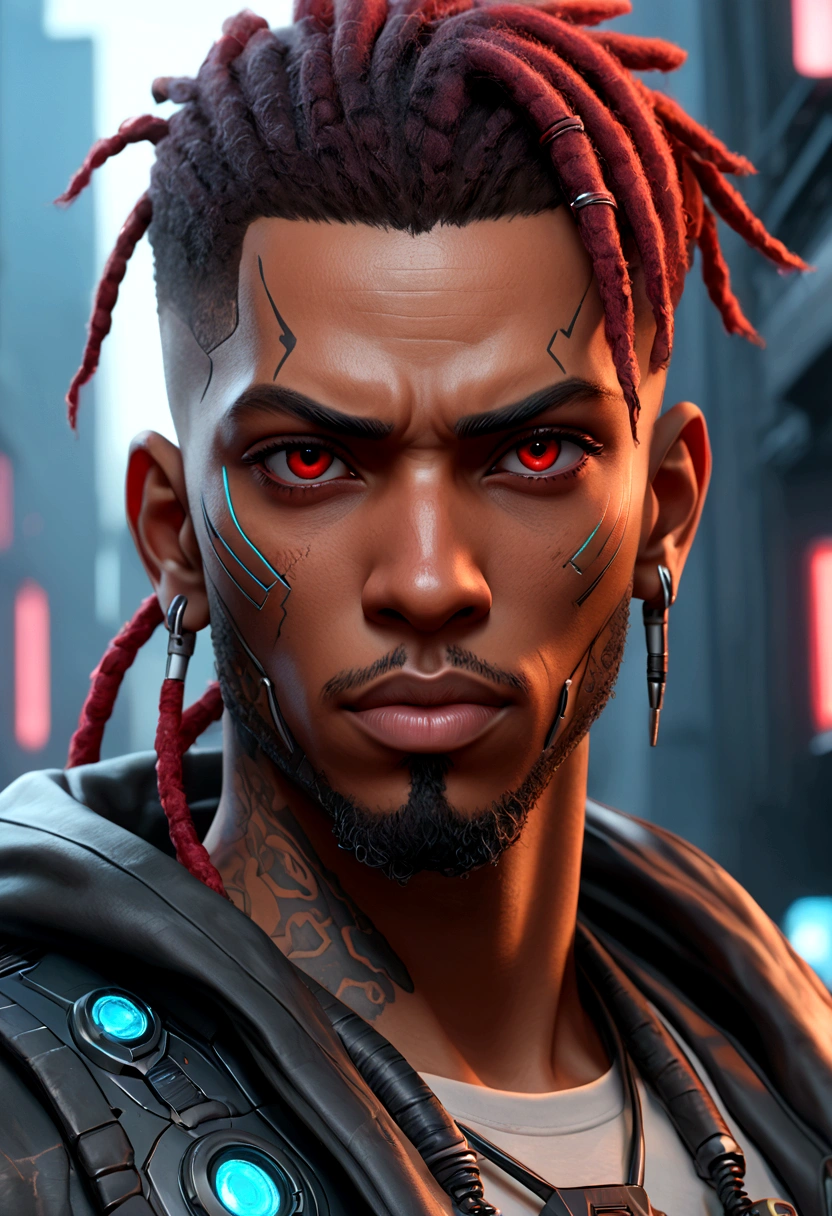 (Best quality, masterpiece, anime style, full of details), 1male, official anime art illustration, African American Male with dark brown eyes, a cartoon of a man with a mask on his face, ((red)) baggy eyes,  black and red dreadlocks, semi-realistic cyberpunk style, portrait of a cyberpunk man, cyberpunk art ultrarealistic 8k, cyberpunk style ， hyperrealistic, cyberpunk character, trendin on artstation, cinematic full character, trending on artstation 4k, portrait of a cyberpunk cyborg, cinematic realistic portrait, cyberpunk hero perfectly photorealistic, incredibly detailed, 8k, UHD, masterpiece, best quality, ultra detailed, intricate,