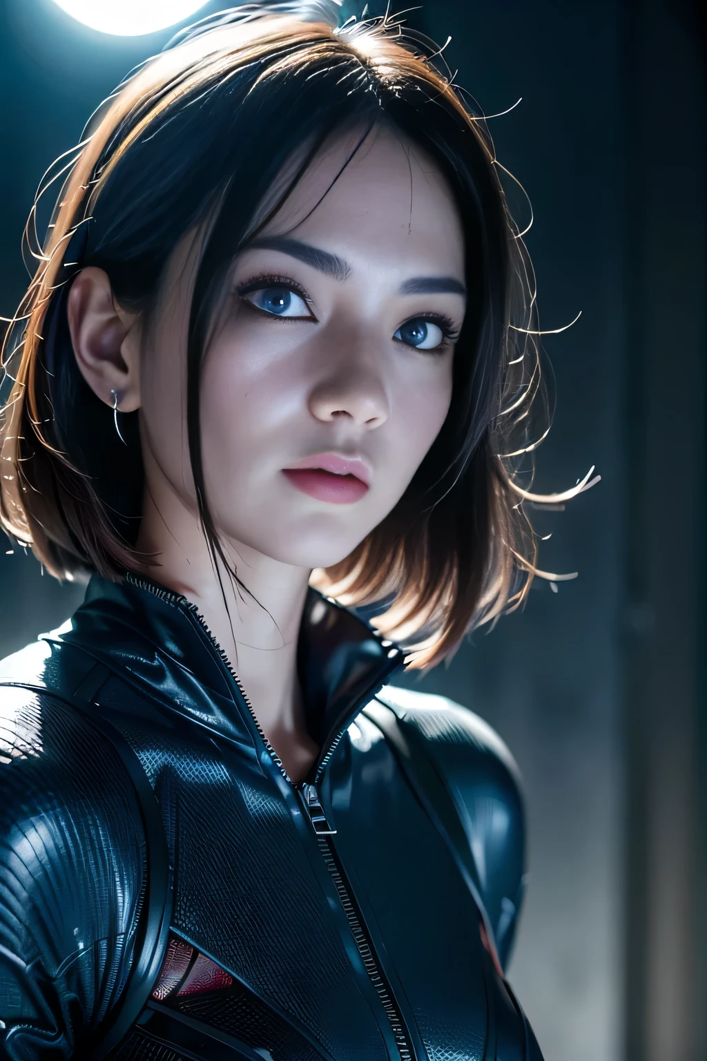 Paint the eyes blue、((masterpiece, Highest quality, High resolution, Realistic, to be born, 8k wallpaper)), (Huge and stunning goddess shot, Very hot and sexy,(( Lady Pose)),Menacing posture and sharp gaze,Great beauty, Perfect balance, Beautiful body, Slim body beauty: 1.4), 夜の街のスカイラインを見下ろす屋上に立つBatman, Gotham city background, nighttime in Gotham city, Gotham city, 映画Batmanから, Gotham city double exposure, Gotham city style, Batmanのフィルムスチル, metropolis filmic Gotham city, サイバーパンクBatman, Batman映画の静止画, Batman映画ではスチルシネマティック, Gotham setting, Batman, Gotham,