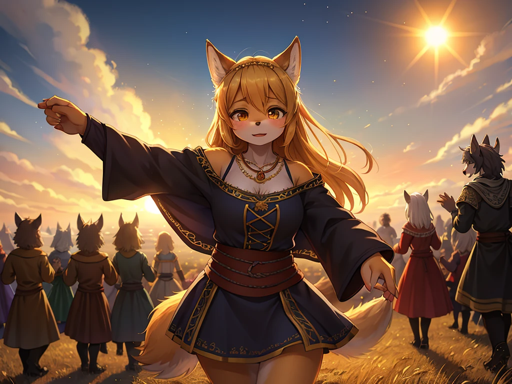 Hallucination, daydream , nightmare , bokeh , messy Wolves dancing in a sea of golden wheat , sun set , dancing blur , Clothing of peasant women in medieval Europe , Sexual freak festival