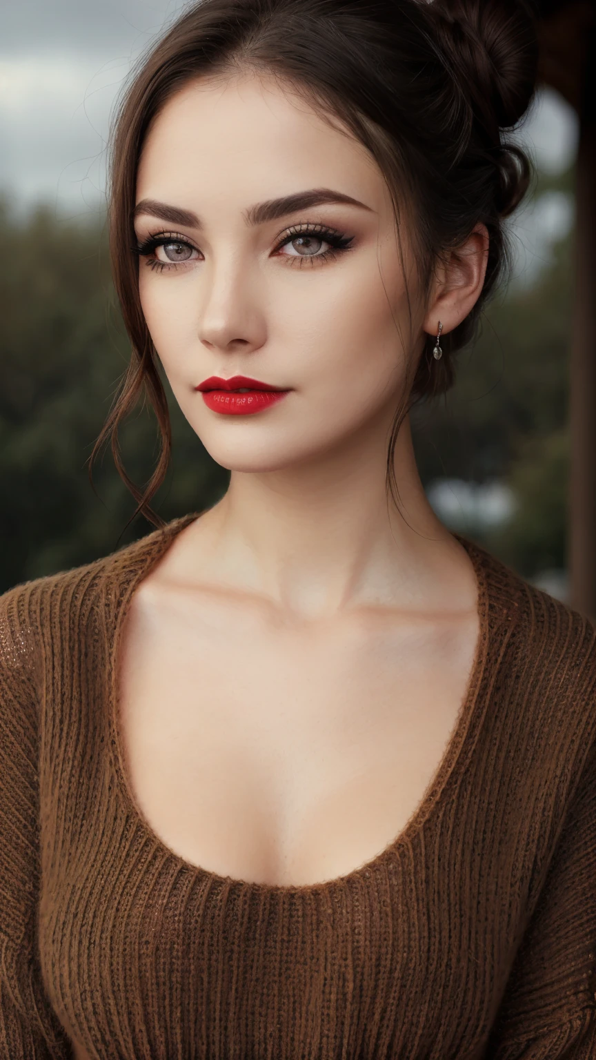 photo of a woman, sunshine,(serious), ((turltneck sweater):1.2), ((hair up, hair in bun, dark brown hair)), ((outdoors, rain):1.1), ((closeup, portrait)), ((red lipstick, makeup)), ((best quality, masterpiece, extreme details, high resolution):1.2),((detailed eyes, beautiful eyes, detailed face, beautiful face):1.2)