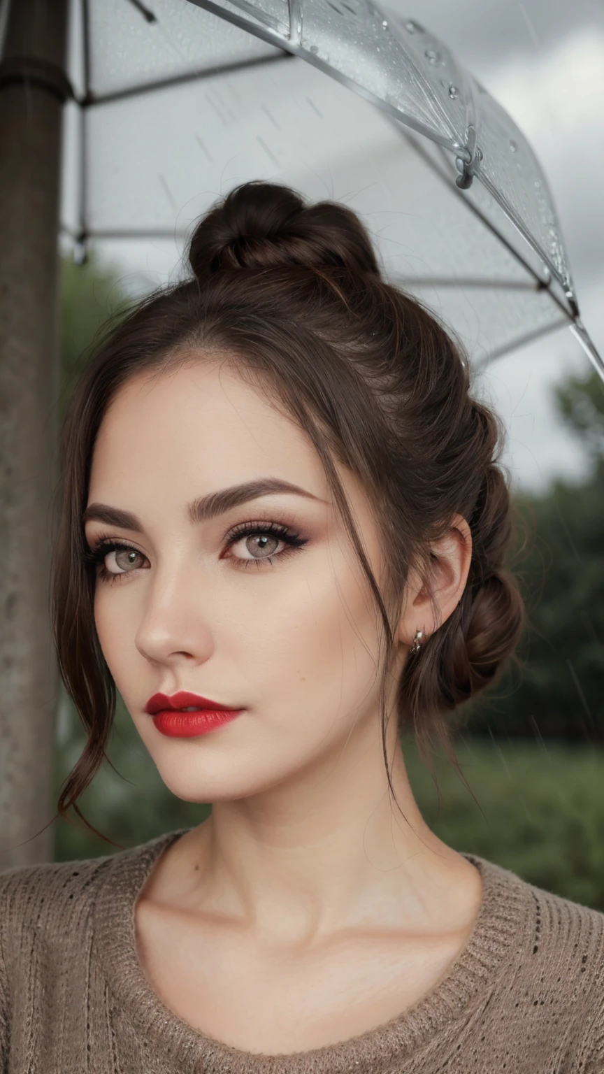 photo of a woman, sunshine,(serious), ((turltneck sweater):1.2), ((hair up, hair in bun, dark brown hair)), ((outdoors, rain):1.1), ((closeup, portrait)), ((red lipstick, makeup)), ((best quality, masterpiece, extreme details, high resolution):1.2),((detailed eyes, beautiful eyes, detailed face, beautiful face):1.2)