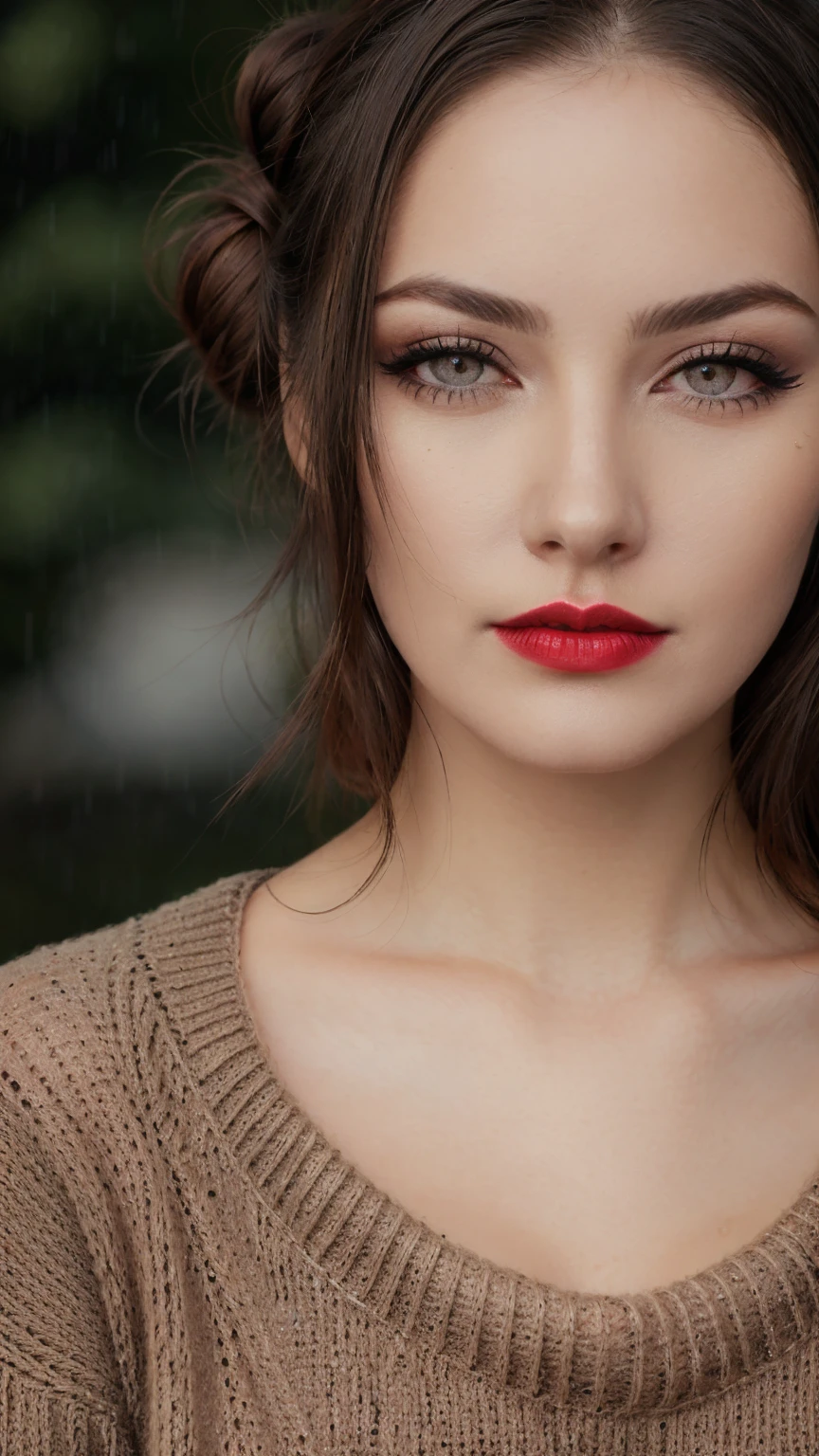 photo of a woman, sunshine,(serious), ((turltneck sweater):1.2), ((hair up, hair in bun, dark brown hair)), ((outdoors, rain):1.1), ((closeup, portrait)), ((red lipstick, makeup)), ((best quality, masterpiece, extreme details, high resolution):1.2),((detailed eyes, beautiful eyes, detailed face, beautiful face):1.2)