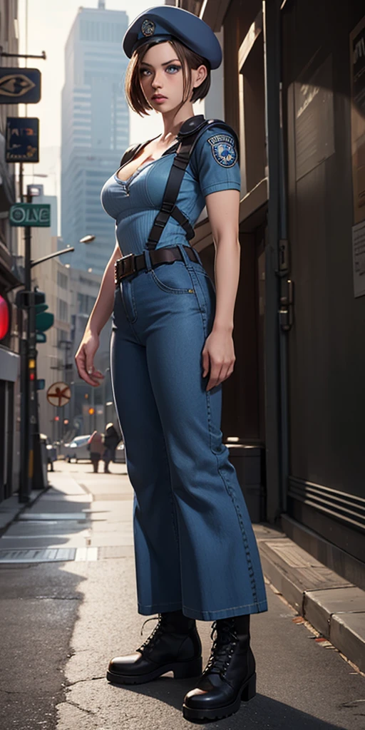 Jill Valentine, masterpiece, best quality, 1girl, solo, standing, jillre1, beret, uniform, shoulder pads, short sleeves, harness, belt, bell-bottom blue pants(Wide flares on pants:1.2), cleavage, black combat boots, full body, perfect blue eyes, perfect red mouth,