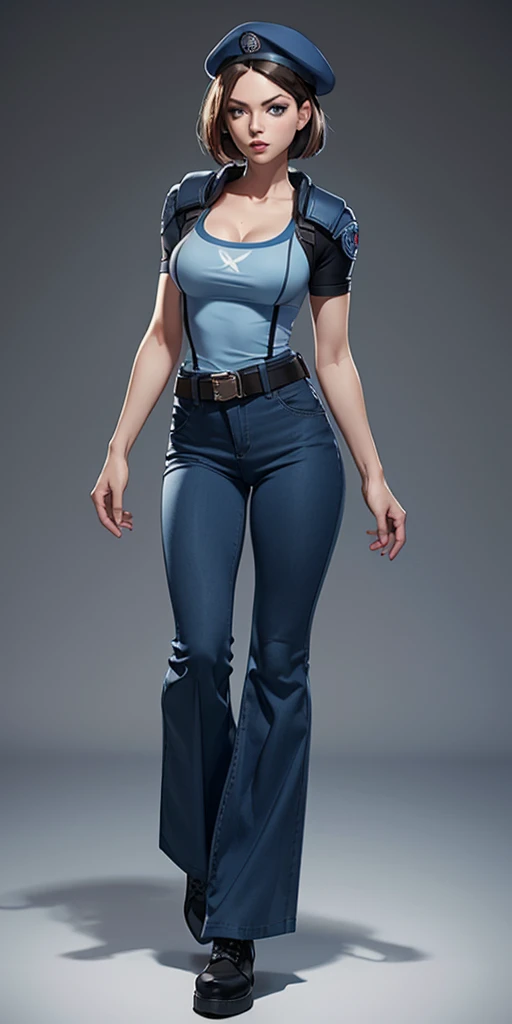 Jill Valentine, masterpiece, best quality, 1girl, solo, standing, jillre1, beret, uniform, shoulder pads, short sleeves, harness, belt, bell-bottom blue pants(Wide flares on pants:1.2), cleavage, black combat boots, full body, perfect blue eyes, perfect red mouth,