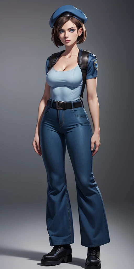 Jill Valentine, masterpiece, best quality, 1girl, solo, standing, jillre1, beret, uniform, shoulder pads, short sleeves, harness, belt, bell-bottom blue pants(Wide flares on pants:1.2), cleavage, black combat boots, full body, perfect blue eyes, perfect red mouth,