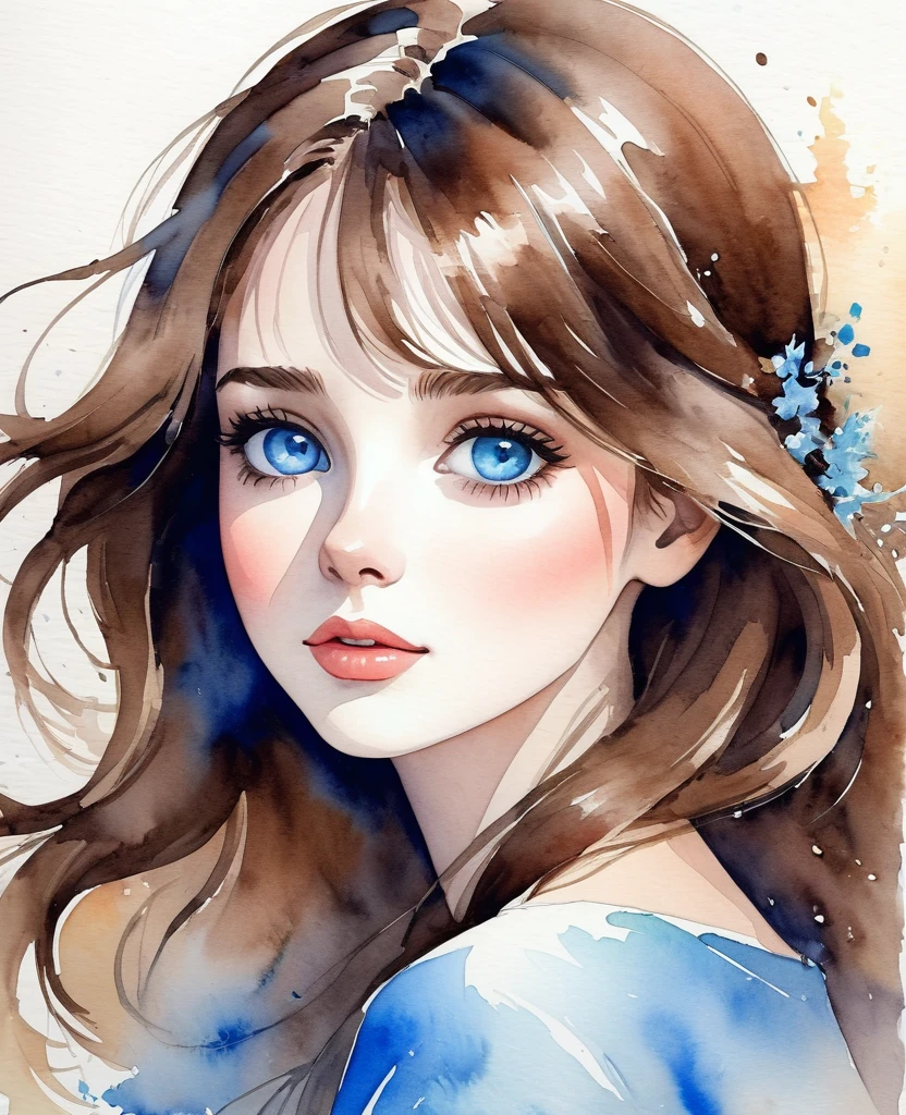 Watercolor, Beautiful girl with brown hair and blue eyes, She's only wearing a sports bra, She has her hair braided, She is slipping on the banister of the stairs, she seems to be having fun