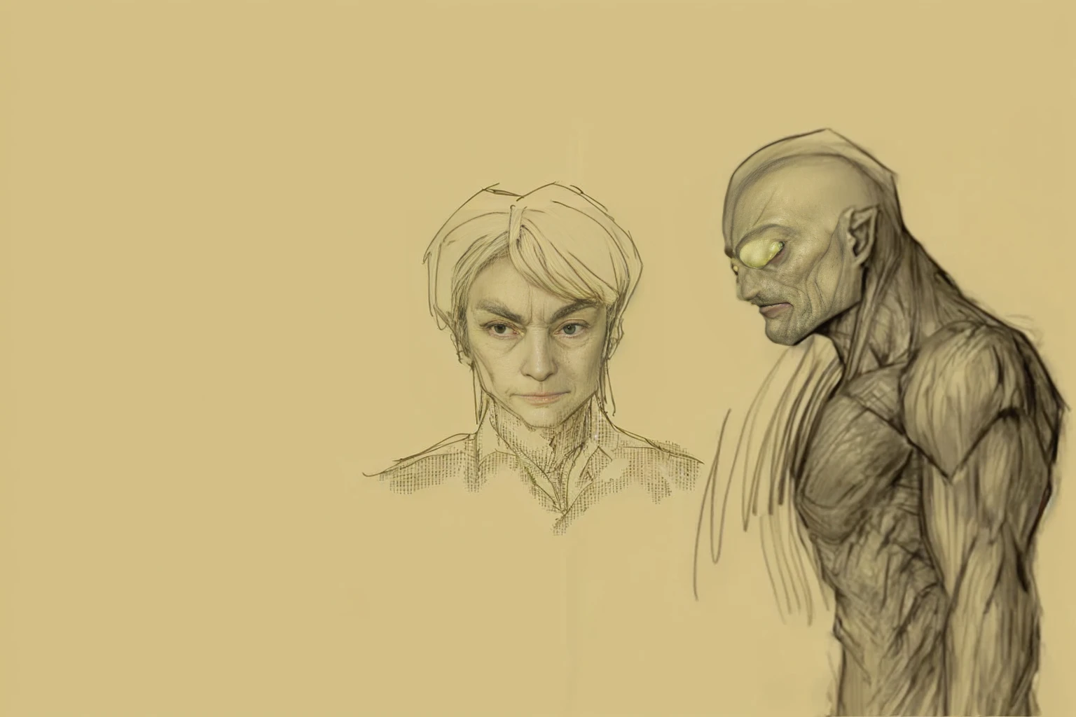 A painting,A man and a woman stand side by side in the painting, artistic, Comic character design, unrealistic character concept, character study, figure painting, Character design sketch, realistic character concept, comic concept art, Gollum becomes a giant, facial studies, Old Sketch, Guyville style, Concept Character, Character design human figure,On the left is an adult human male,Looks honest
