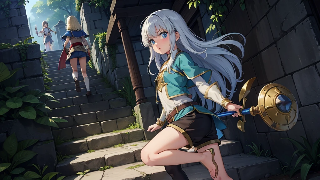 最high quality、high quality、Frugal cloth clothes、10Year-old girl adventurer、Climb the dungeon stairs、Shorts、Equipped with a dagger and a shield、Inside the dim labyrinth