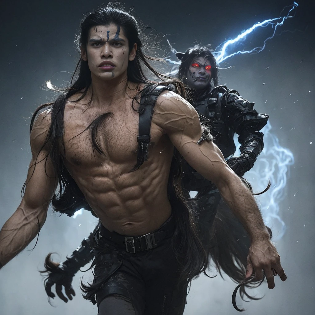 32k image , hades wrapped in the demonic chains of hell, Zeus defeating Hades, cinema4d, cinematic style octane, adapt colors to the environment, hades forte
