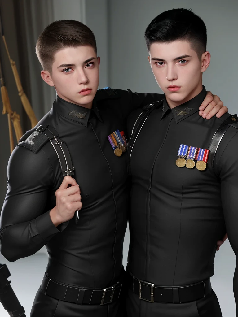 Two American boys, penetrating gaze, short hair, firm features, masculine, muscular, carrying weapons in a black military uniform, selfie style, focus from their head to their chest.