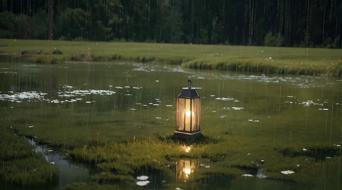 A close-up near the ground of a deep green meadow, wet with rain, with lots of rain falling on the surface of the water like a mirror on which nothing is placed, and it has been raining for a long time, (Photographic, Best Quality, High Quality, Highres:1.4), Detailed, Extremely Detailed, Ambient Soft Lighting, 4K, Background, Depth of Field,