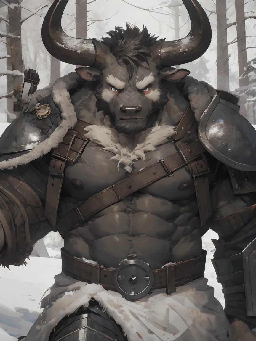 Minotaur, solo, muscular, perfect_eyes, perfect_face, abs, big_chest,wide_body, muscular_arms, winter, snow_forest_background, solo, minotaur, angry, half_body, close_up, manly, man, muscular, brown_horns, big_eyes, orange_eyes, glowing_eyes, bara_body,hyper_muscles, hyper_chest, hyper_muscular_body, huge,forest,snowy_forest, armor_pants, half_body,closeup, medieval_armor ,iron armor,armor,canines, moth_closed, angry,serious, HD, 4k, high_detailed_background
